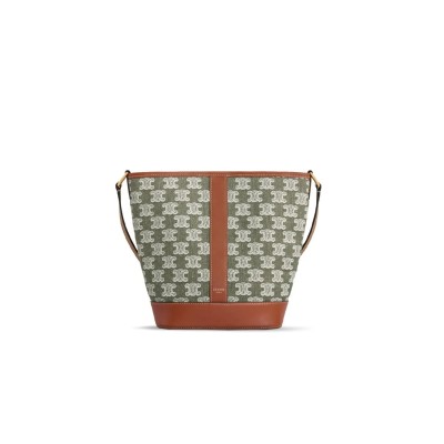 CELINE SMALL BUCKET IN TRIOMPHE CANVAS AND CALFSKIN 191442CS8.15KH (30*22*13cm)